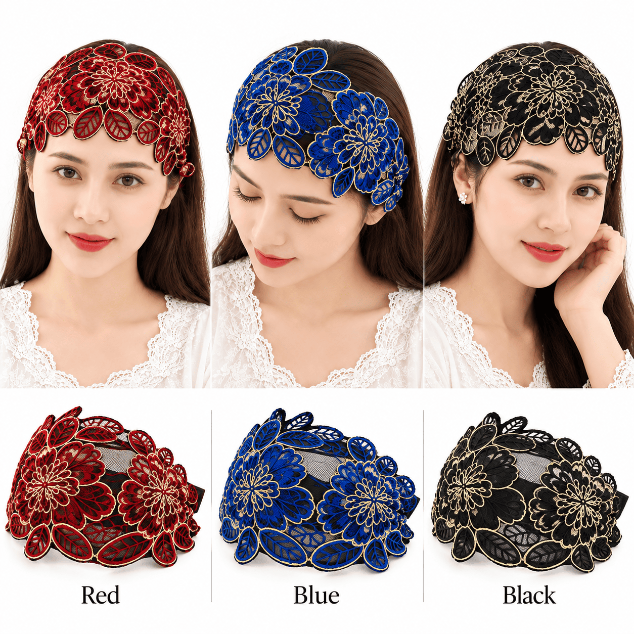 3 PCs (Red + Blue + Black) । Embroidered Lace Hijab Band । CN-64